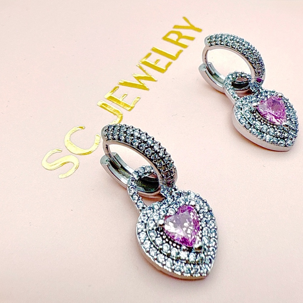 Pink Crystal Heart Hoops Earrings Dark Silver Tone